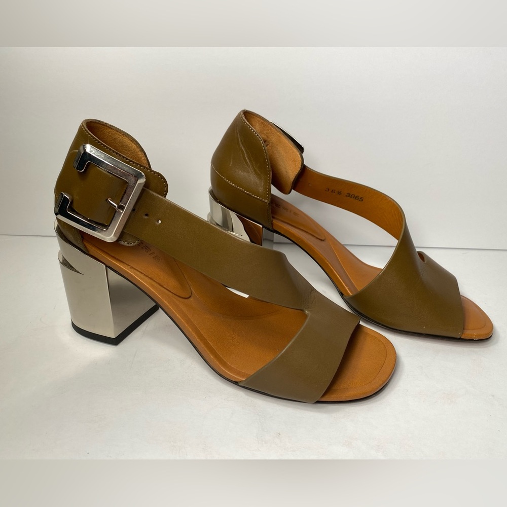 Robert Clergerie Olive Green Leather Block Heel Sandals with Silver Buckle